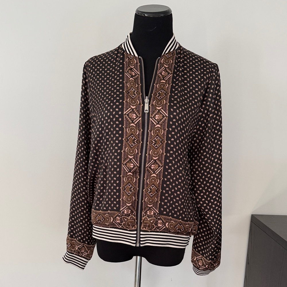 Maison Scotch & Soda Black and Brown Patterned Reversible Bomber Jacket